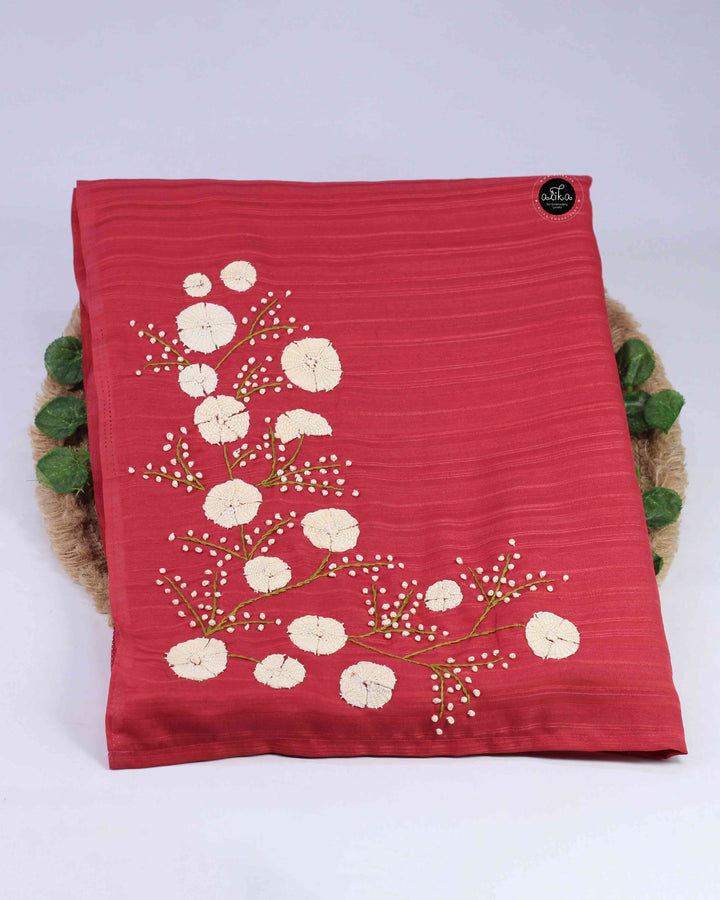 Brick Red Semi Silk Saree with Floral Hand Embroidery
