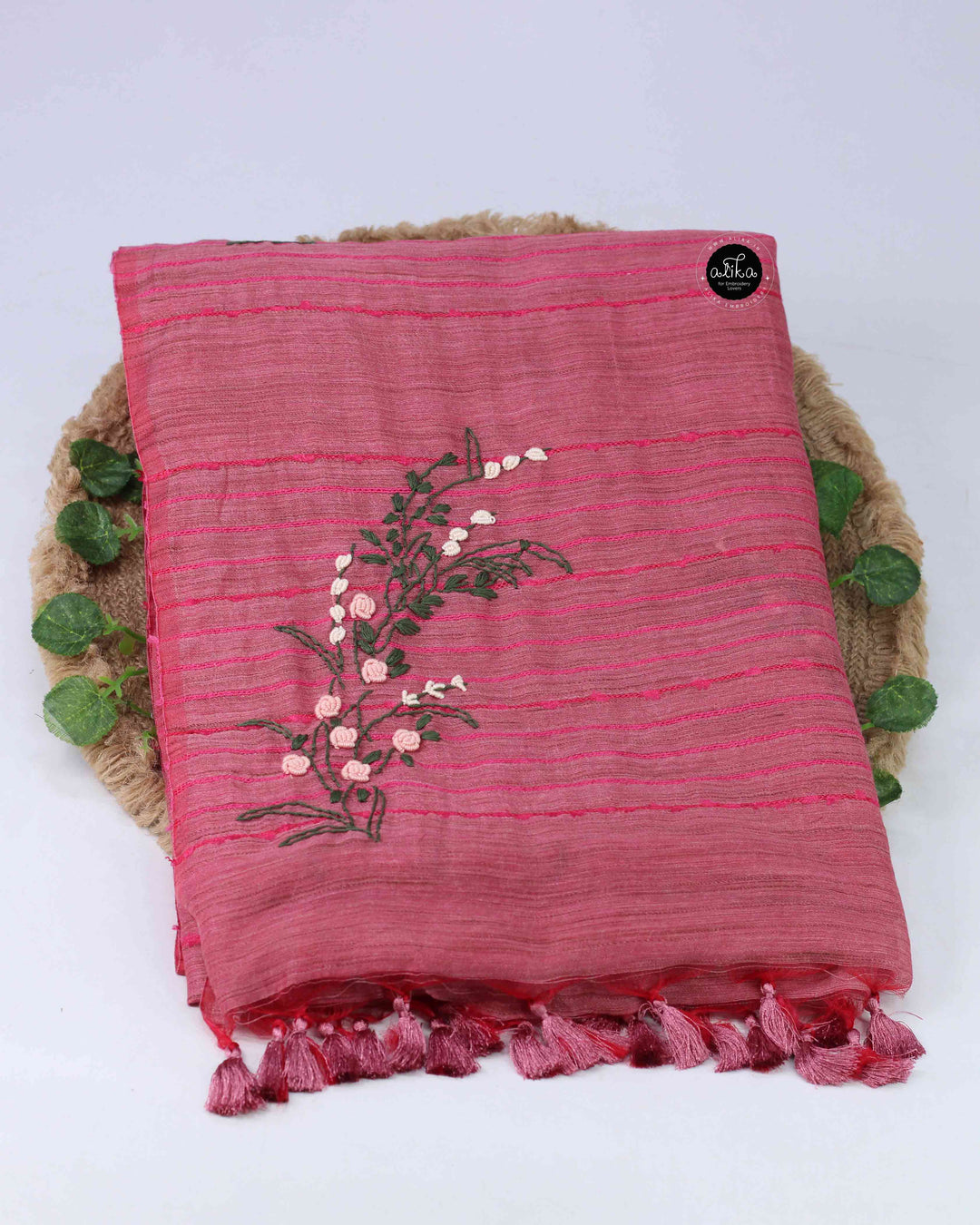 Dark Salmon Pink Semi Linen Saree with Floral Hand Embroidery