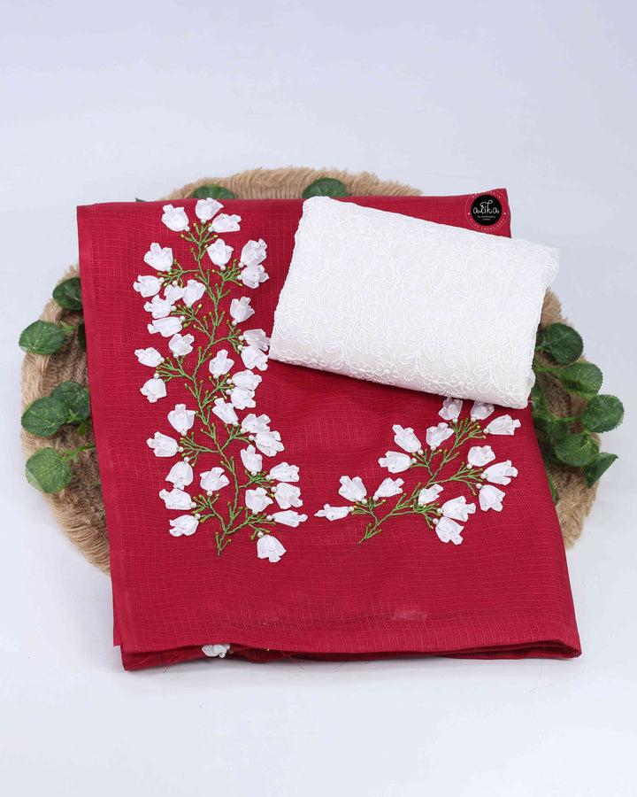 Chilli Red Silky Kota Saree with Floral Ribbon Work &amp; Phulkari Blouse