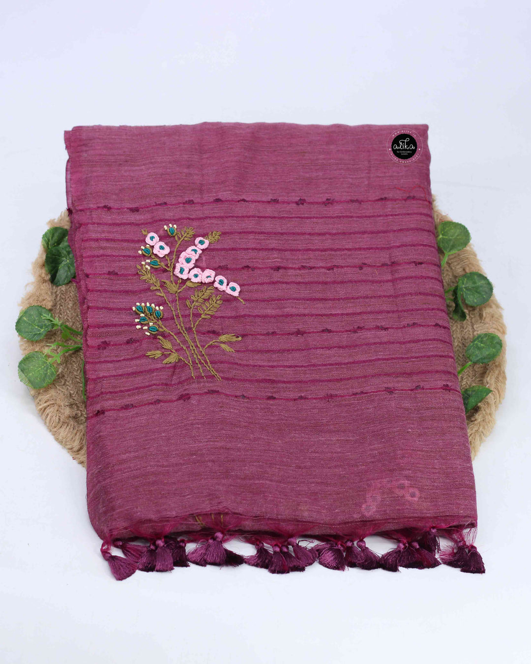 Mauve Purple Bamboo Silk Saree with Floral Hand Embroidery