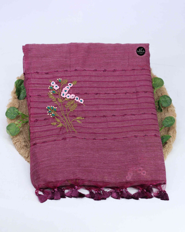 Mauve Purple Bamboo Silk Saree with Floral Hand Embroidery
