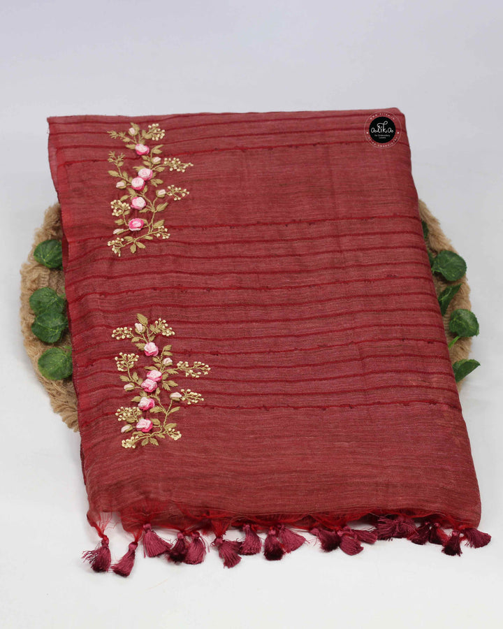 Maroon Bamboo Silk Saree With Floral Hand Embroidery