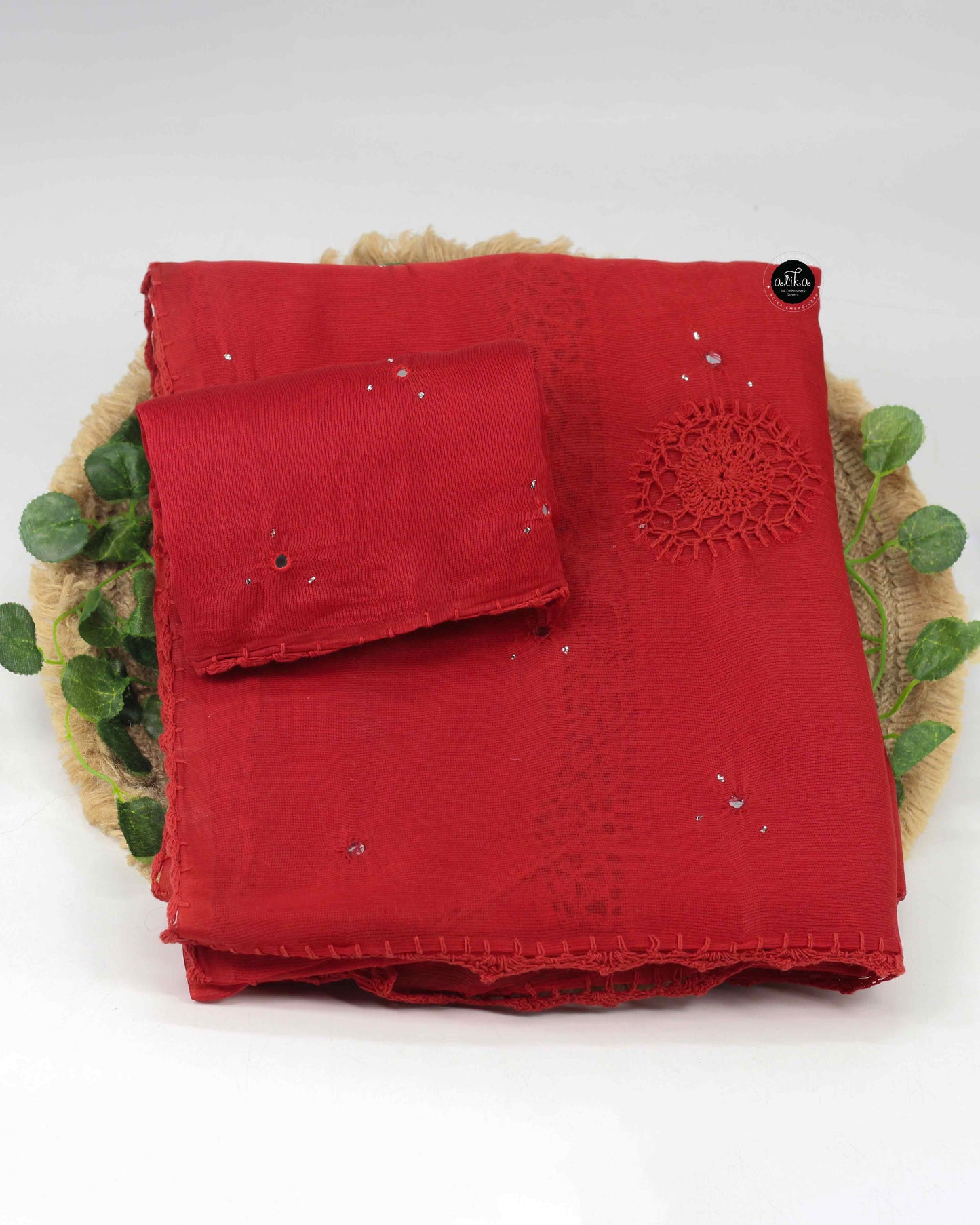 Red Kota Doria Saree with Crochet Detailing and Mirror Work