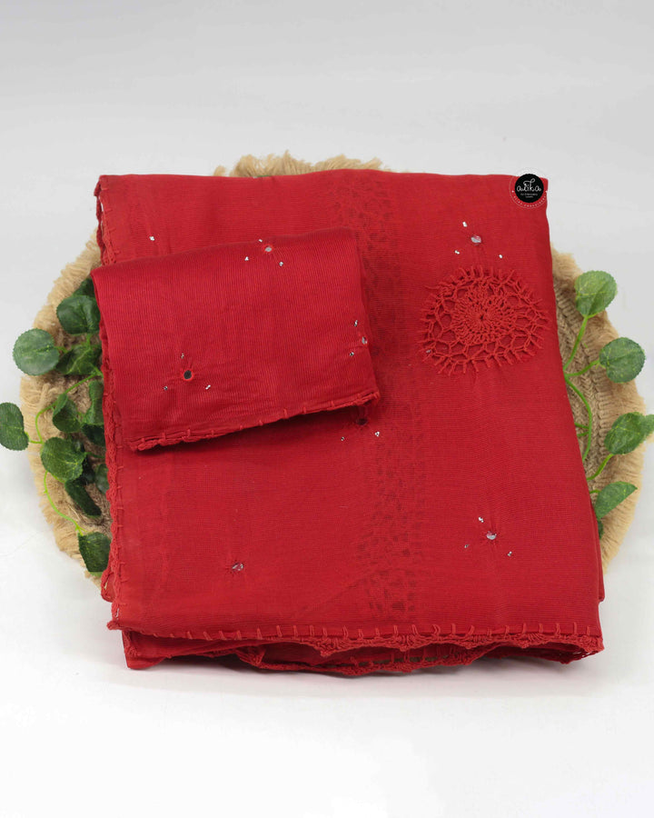 Brick Red Kota Doria Saree with Crochet Detailing and Mirror Work