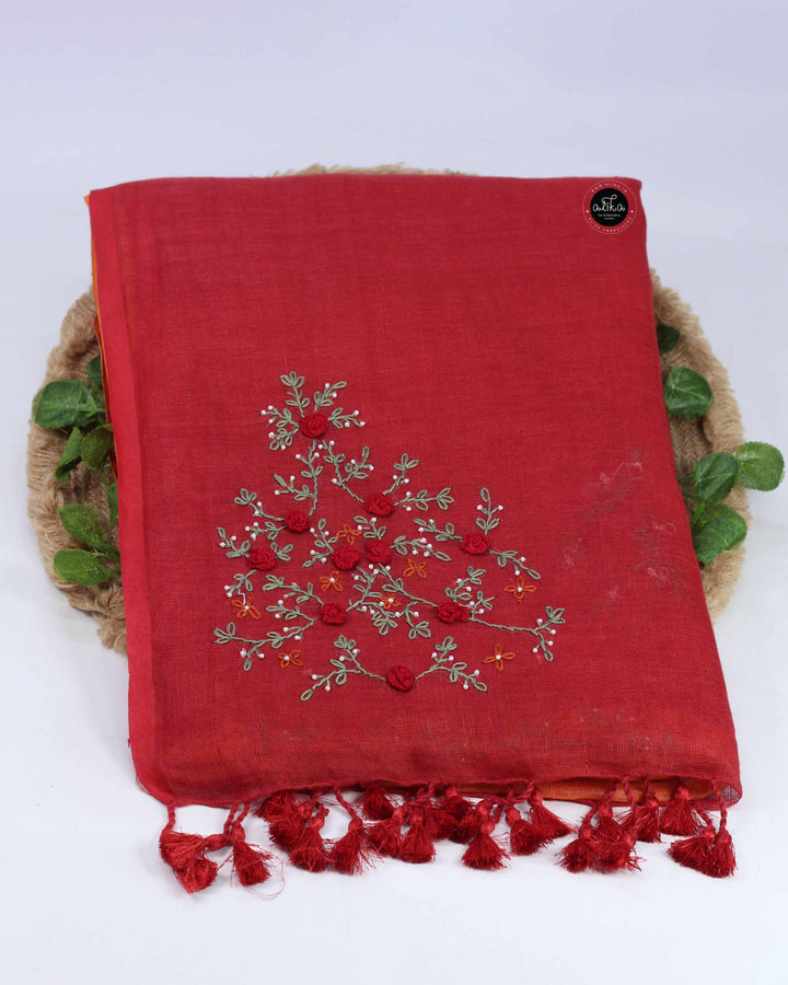 Red &amp; Saffron Orange Pure Linen Saree with Floral Hand Embroidery &amp; Bead Work