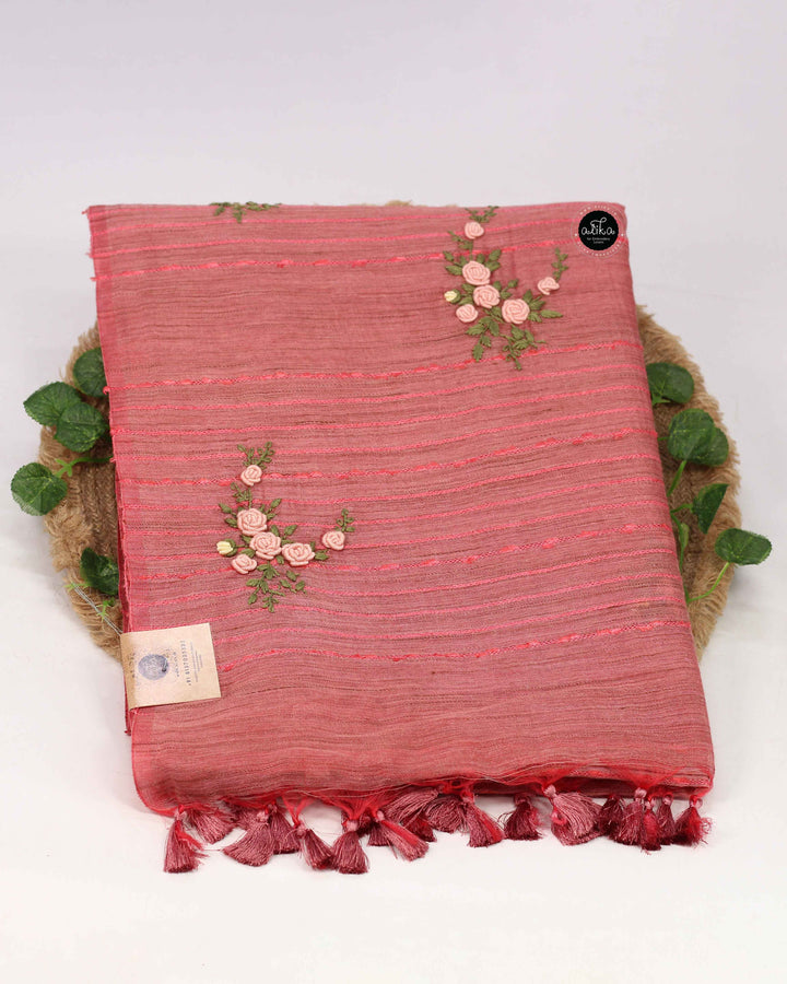 Salmon Bamboo Silk Saree with Floral Hand Embroidery