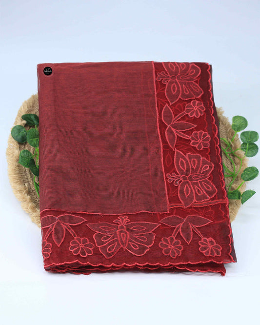 Maroon Kota Saree with Floral Net Appliqué Border – Lightweight Elegance