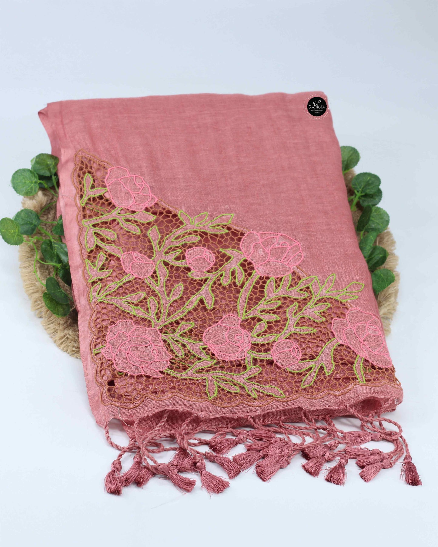 Light Chocolate brown/ Terrakota Rose Pure Linen Saree with Twine Cutwork Elegance