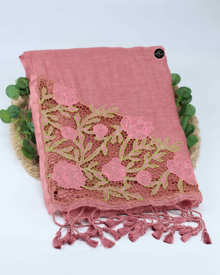 Light Chocolate brown/ Terrakota Rose Pure Linen Saree with Twine