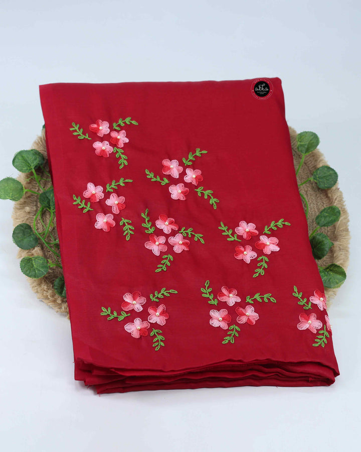 Red Semi Silk Saree with Floral Hand Embroidery