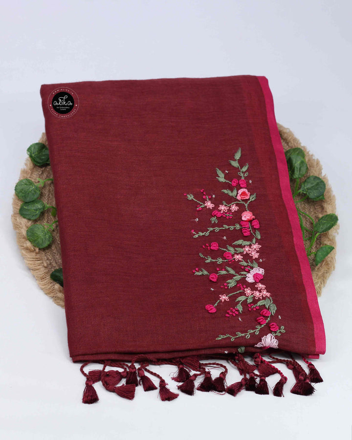 Maroon Pure Linen Saree with Floral Hand Embroidery