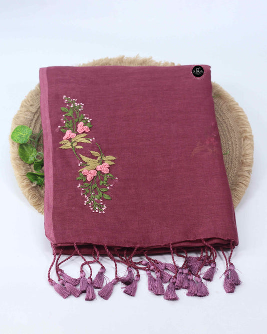 Burgundy Pure Linen Saree with Floral Hand Embroidery