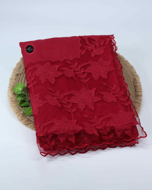 Red Silky Kota Saree with Floral Net Applique Work