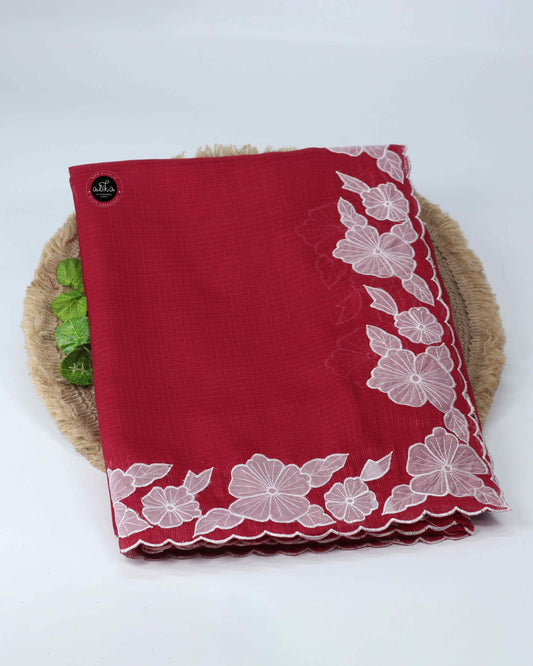 Red Silky Kota Saree with Floral Applique Border