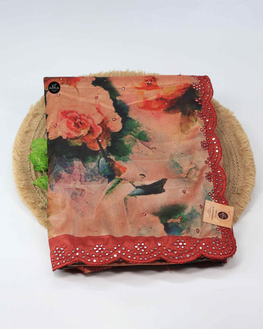 Multi Colour Semi Silk Saree with Floral Embroidery And Mirror work Border