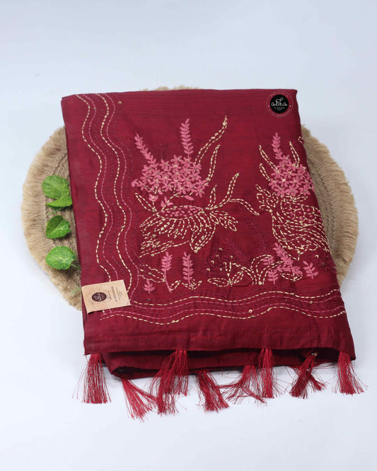 Maroon Semi Silk Saree with Floral Hand Embroidery