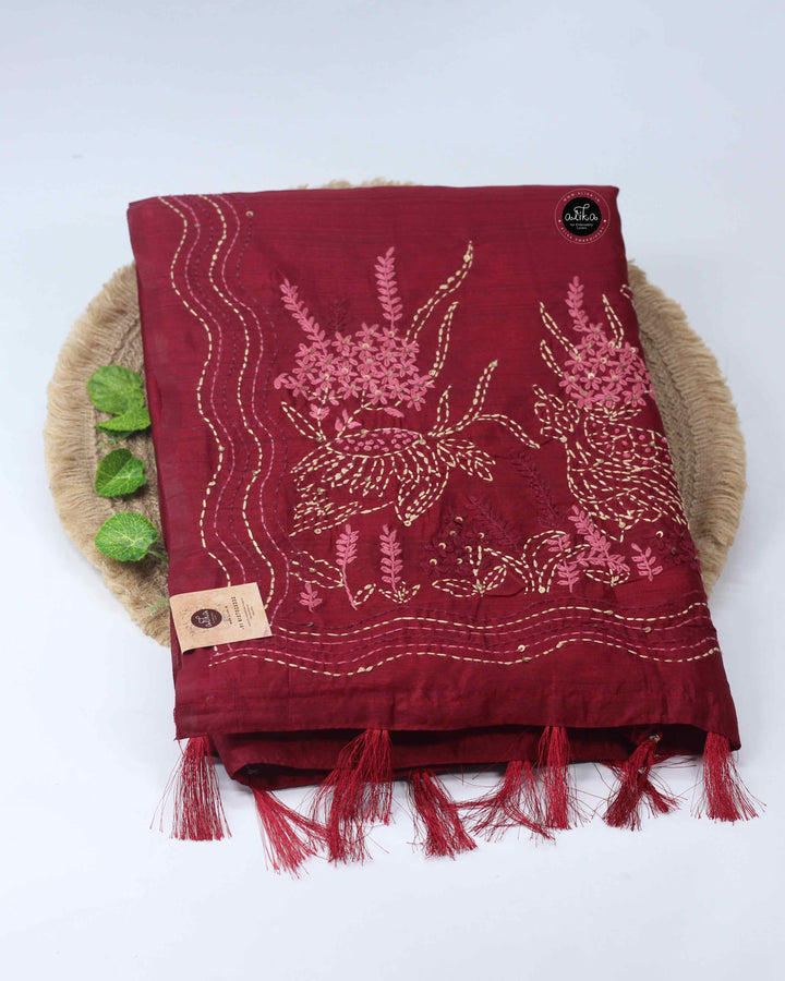 Maroon Semi Silk Saree with Floral Hand Embroidery