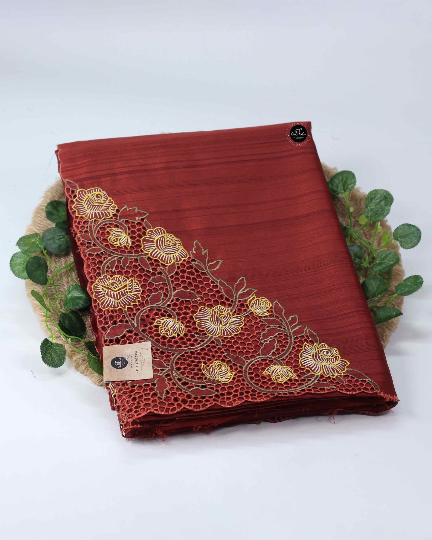 Brick Red Semi Silk Saree with Cutwork