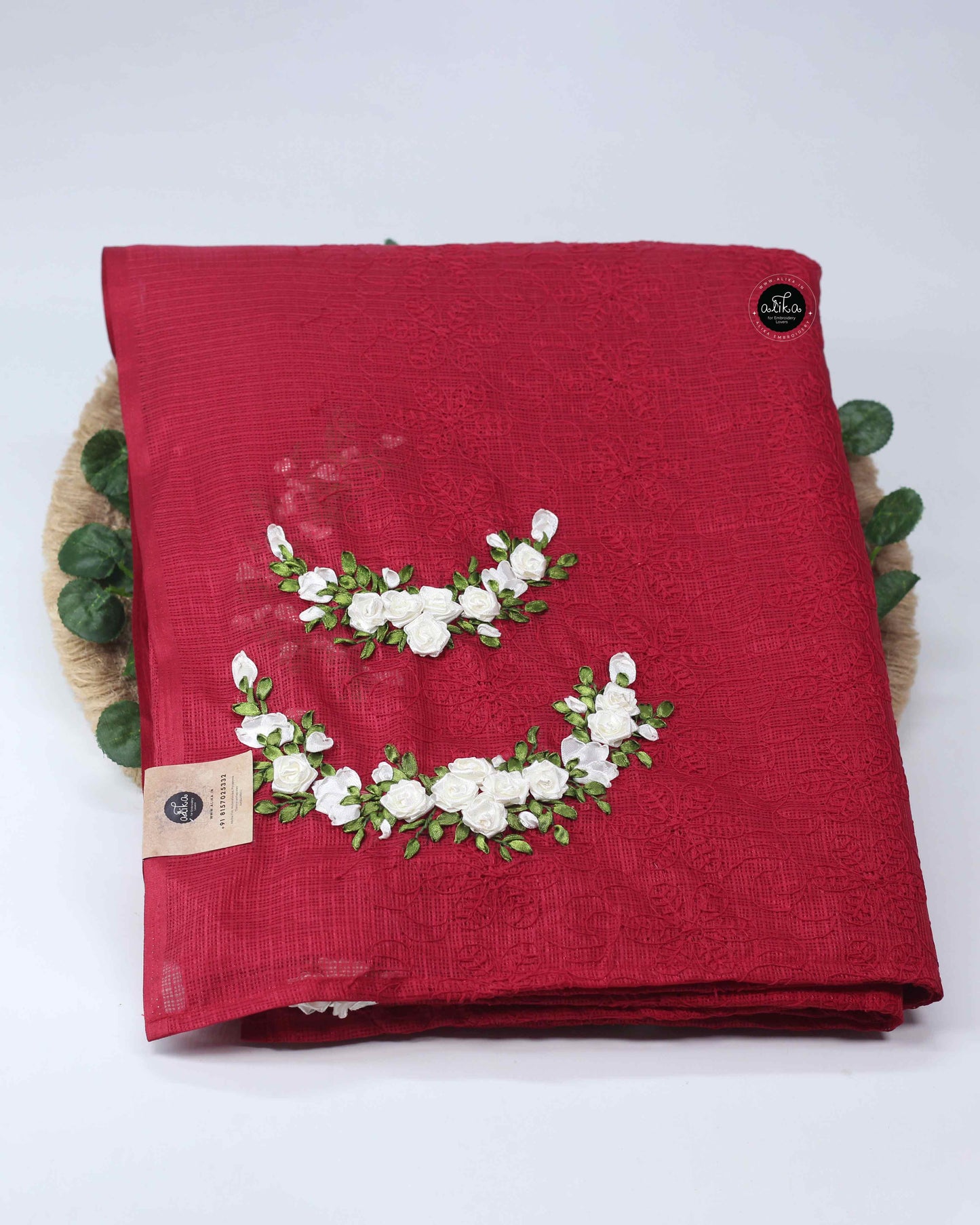 Maroon Phulkari Saree with White Floral Ribbon Work