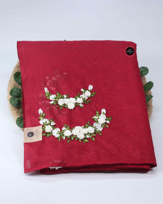 Maroon Phulkari Saree with White Floral Ribbon Work