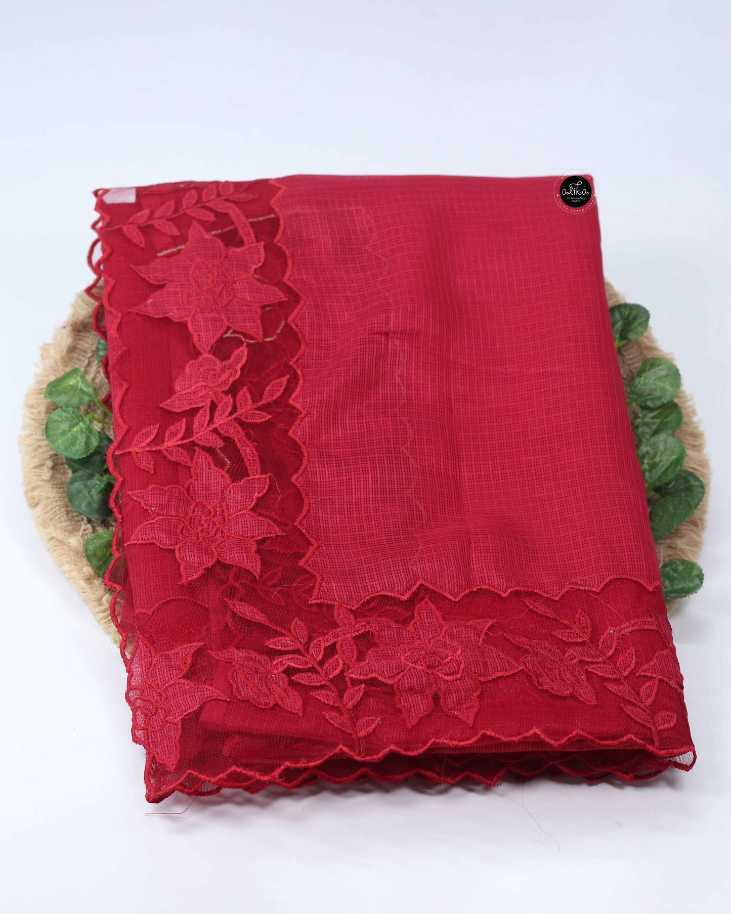 Red Silky Kota Saree with Floral Net Applique Work