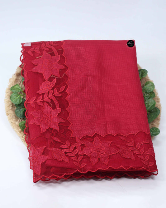 Red Silky Kota Saree with Floral Net Applique Work