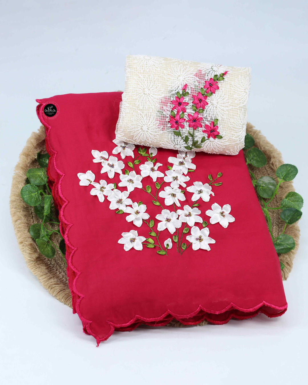 Red Rose Soft Semi Silk Saree with Floral Ribbon Embroidery