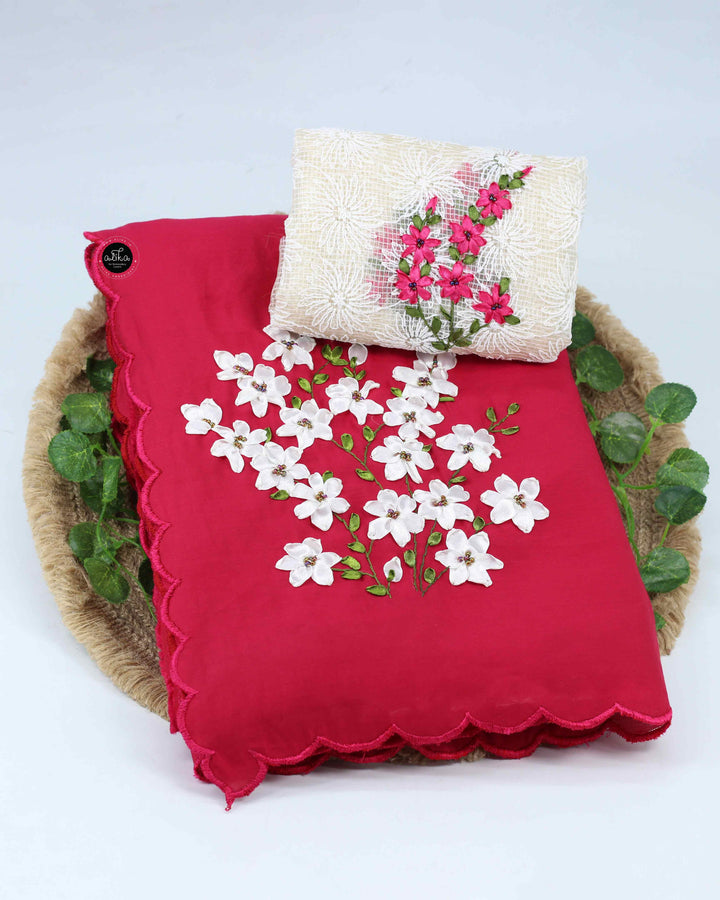 Red Rose Soft Semi Silk Saree with Floral Ribbon Embroidery