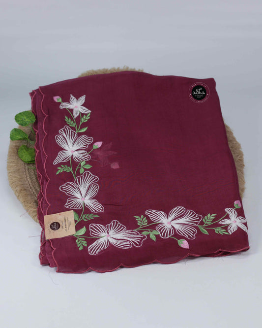 Wine Colour Organza Saree with Floral Machine Embroidery