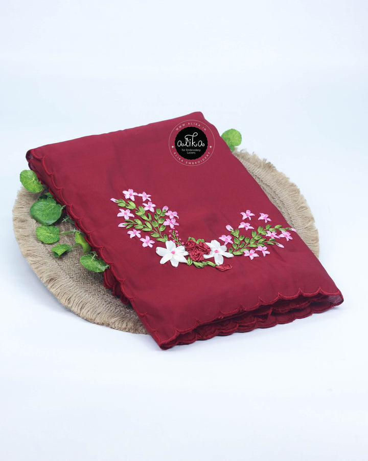 Maroon Soft Silk Saree with Floral Ribbon Work