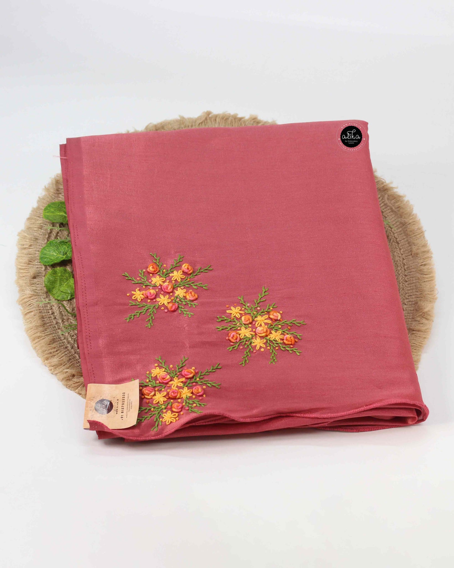 Semi Silk Red-Orange Saree with Hand Embroidery