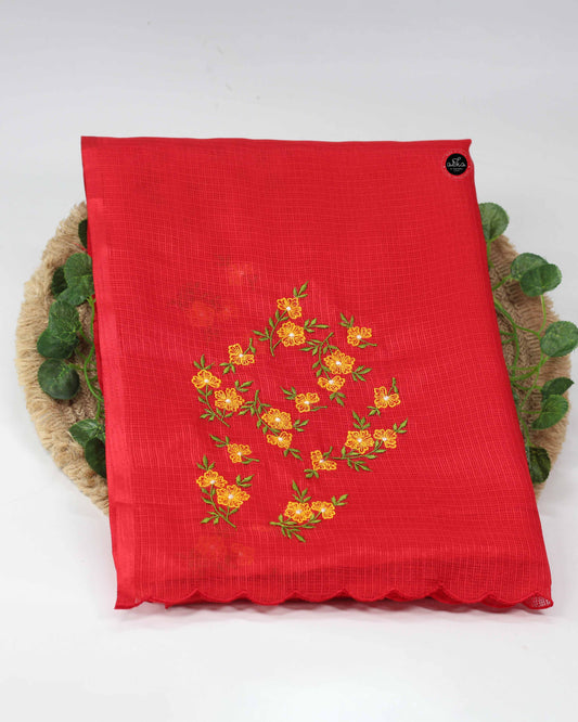 Red Silky Kota Saree with Floral Machine Embroidery