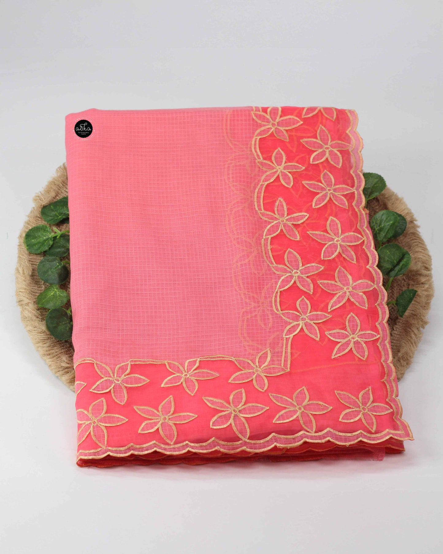 Rose Pink Cotton Kota Saree with Floral Appliqué Border
