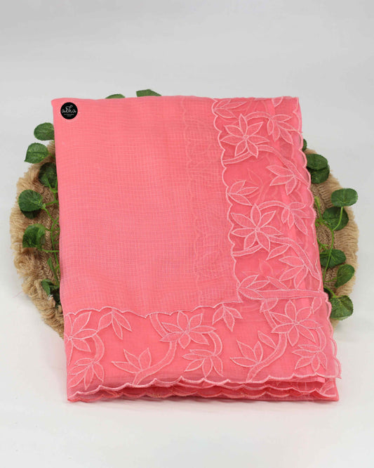 Peach Pink Cotton Kota Saree with Floral Appliqué Border – Premium Ethnic Wear