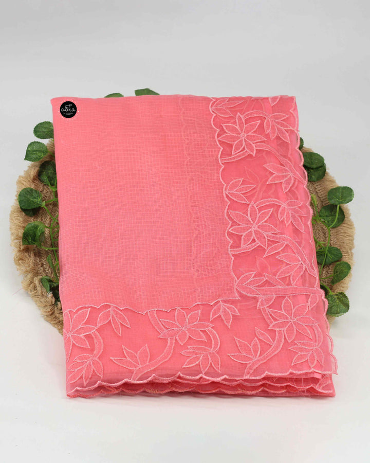 Peach Pink Cotton Kota Saree with Floral Appliqué Border