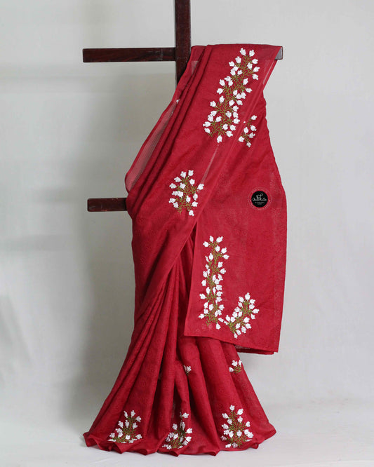 Maroon Phulkari Saree with Floral Ribbon Work – Elegant Festive Wear