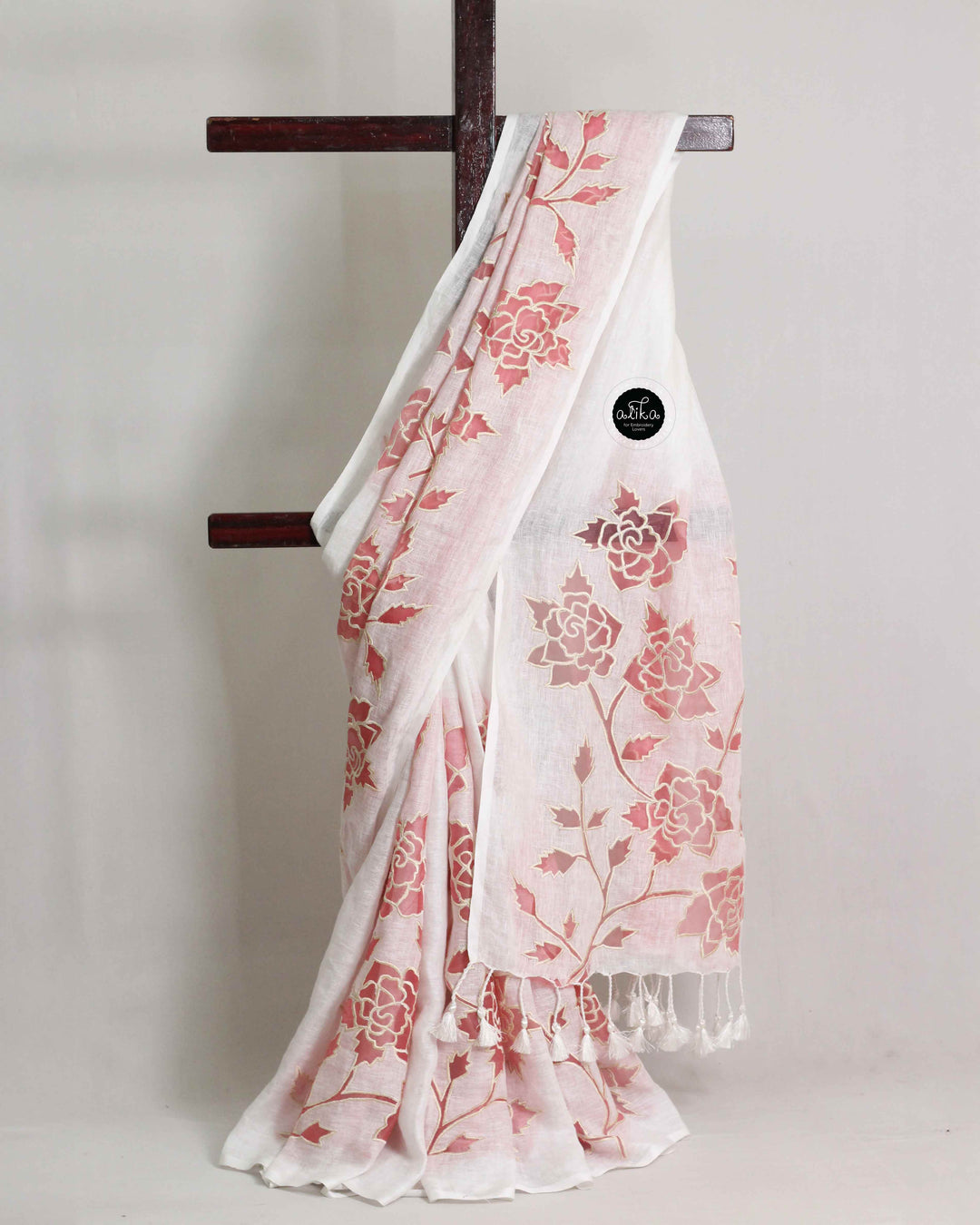 White Pure Linen Saree with Floral Appliqué Work