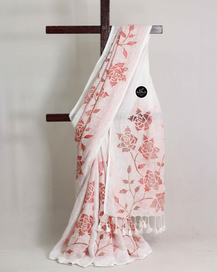 White Pure Linen Saree with Floral Appliqué Work