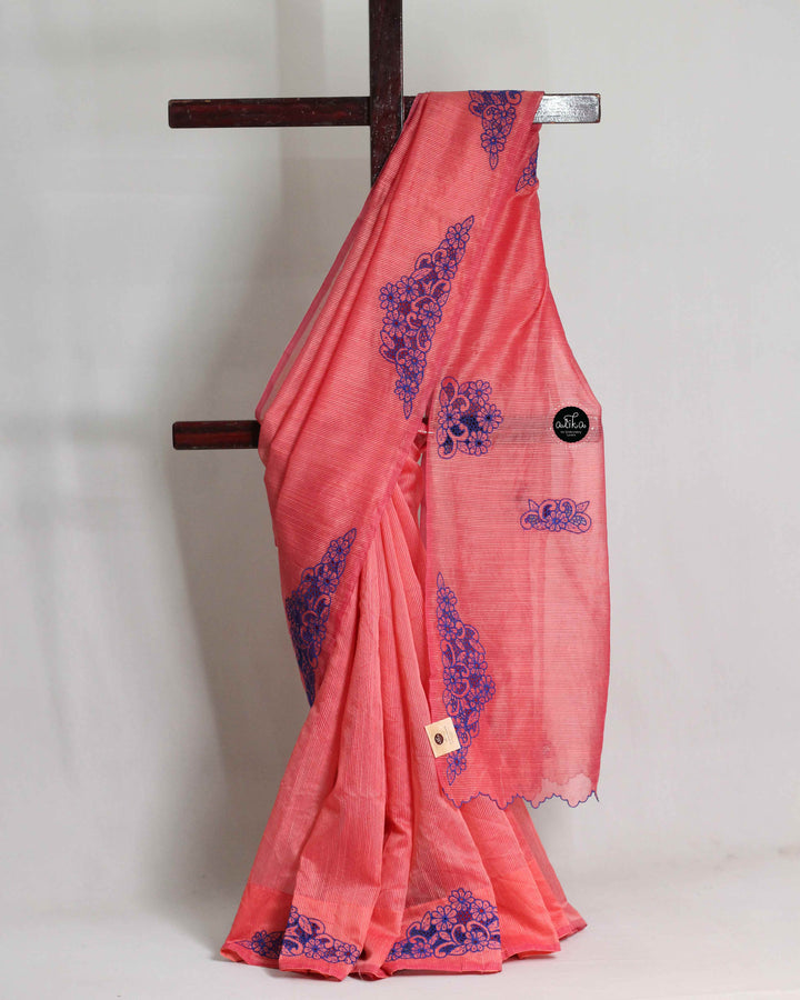 Dark Peach Kota Saree with Floral Cutwork