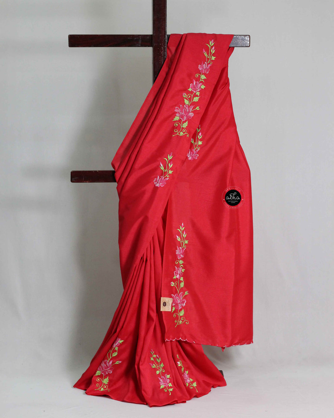 Cherry Red Soft Silk Saree with Floral Machine Embroidery