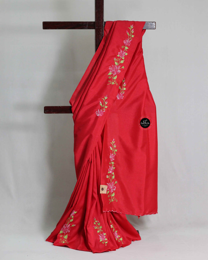Cherry Red Soft Silk Saree with Floral Machine Embroidery