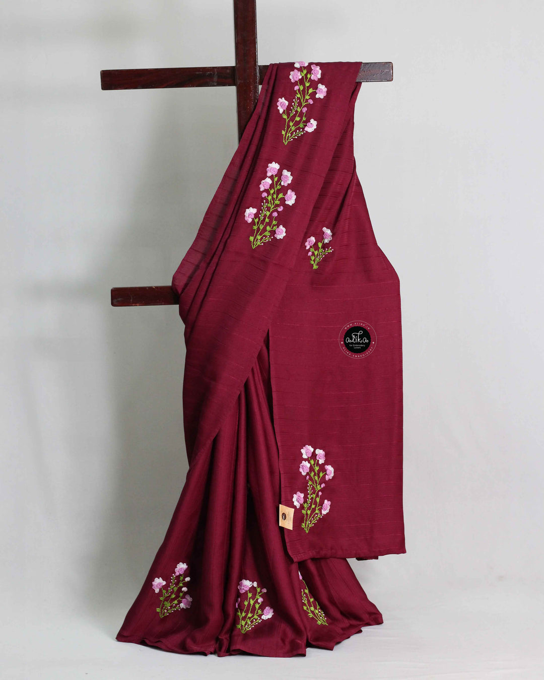Wine Purple Semi Silk Saree with Floral Hand Embroidery
