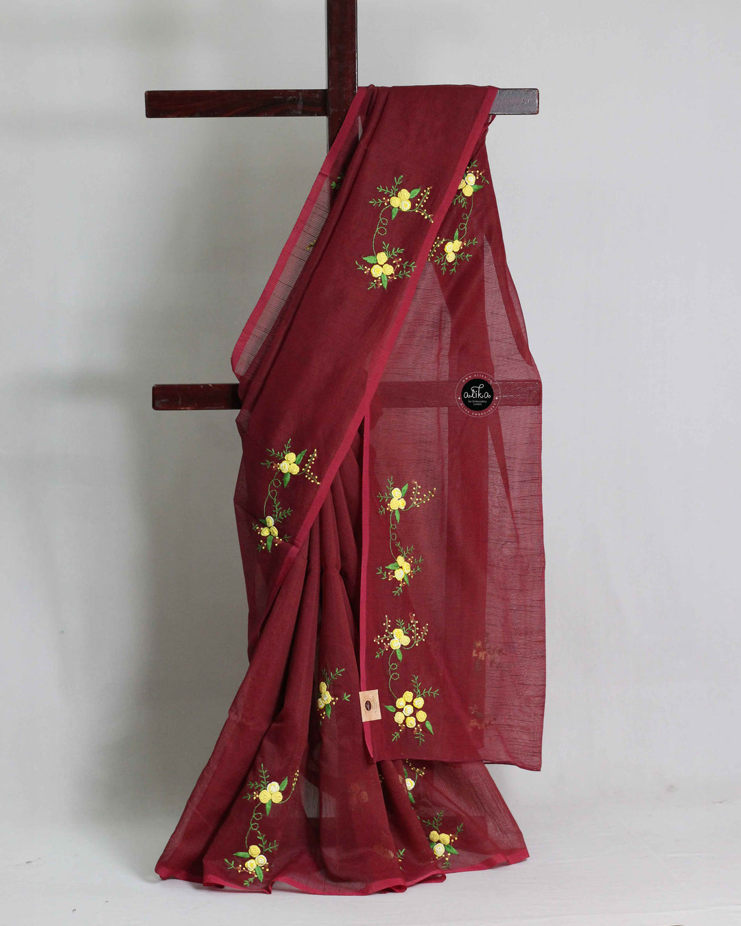 Maroon Kota Saree with Floral Hand Embroidery
