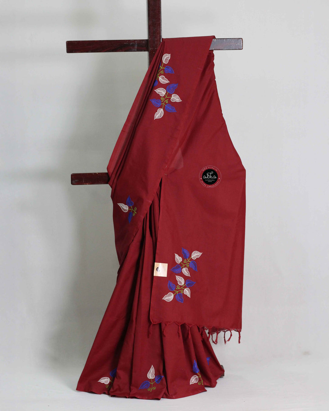 Maroon Chanderi Cotton Saree with Floral Machine Embroidery