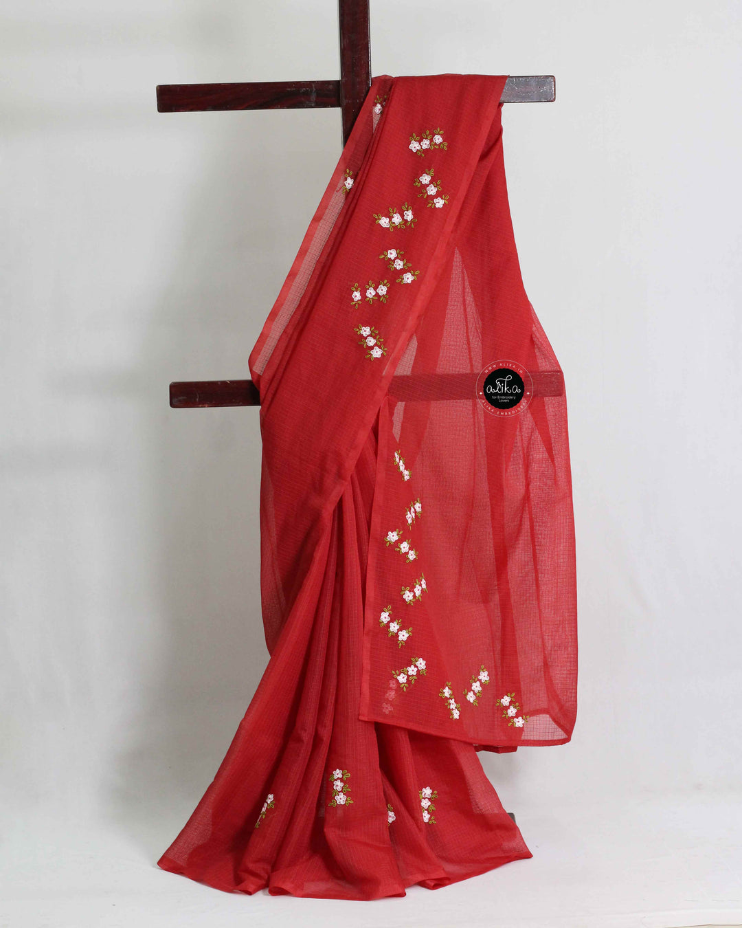 Red Silky Kota Saree with Floral Hand Embroidery