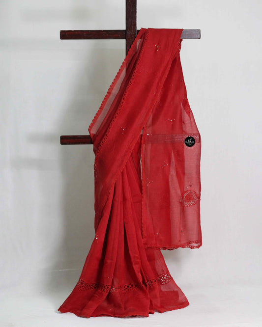 Red Kota Doria Saree with Crochet Detailing and Mirror Work