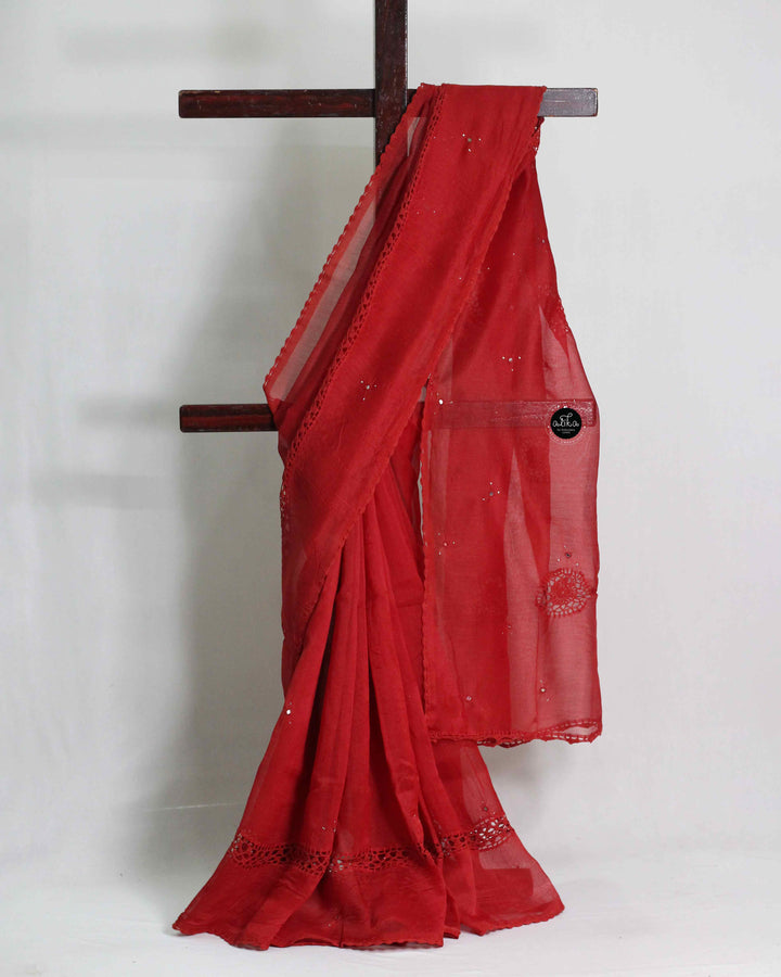 Brick Red Kota Doria Saree with Crochet Detailing and Mirror Work