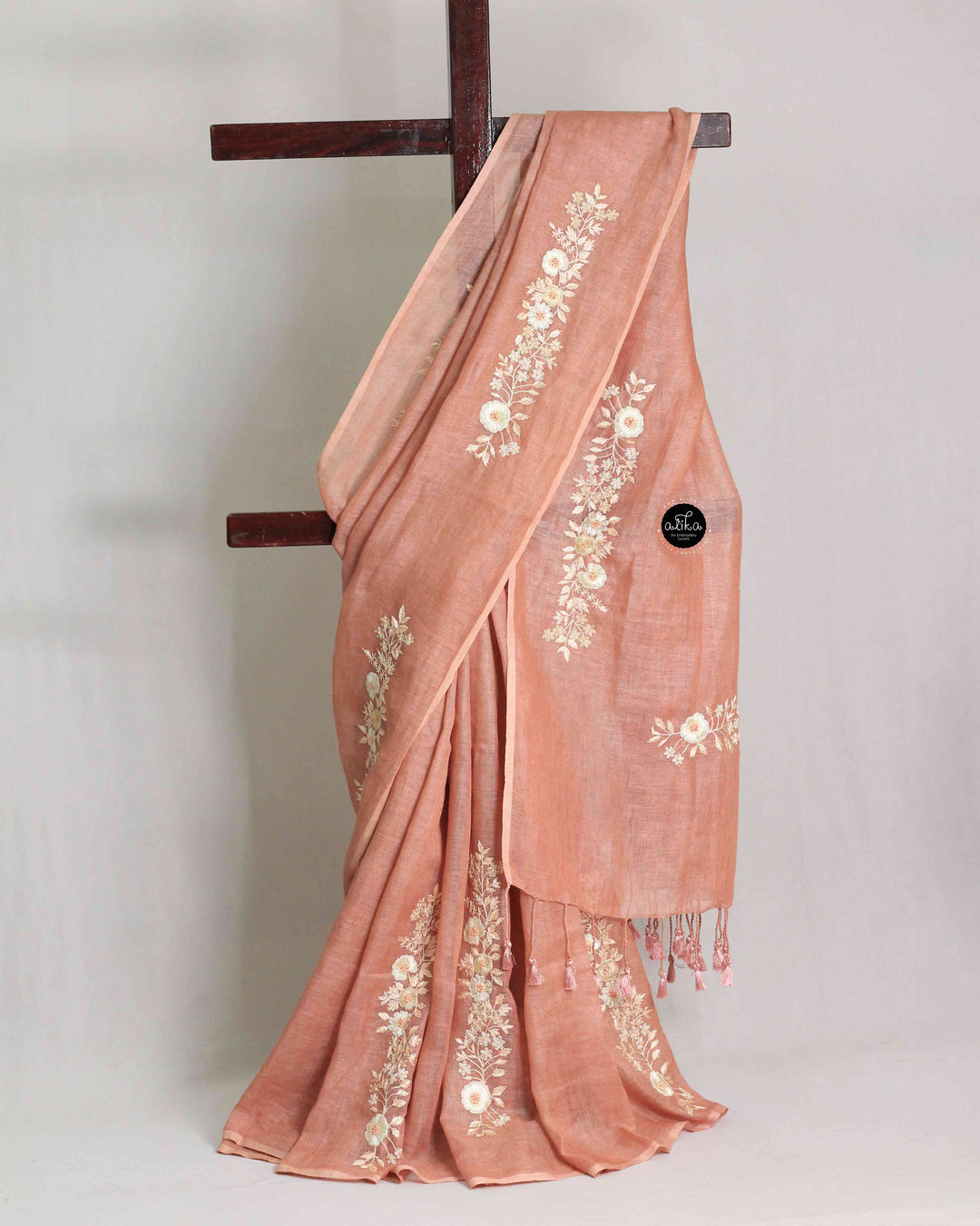 Coral Peach Pure Linen Saree with Floral Embroidery