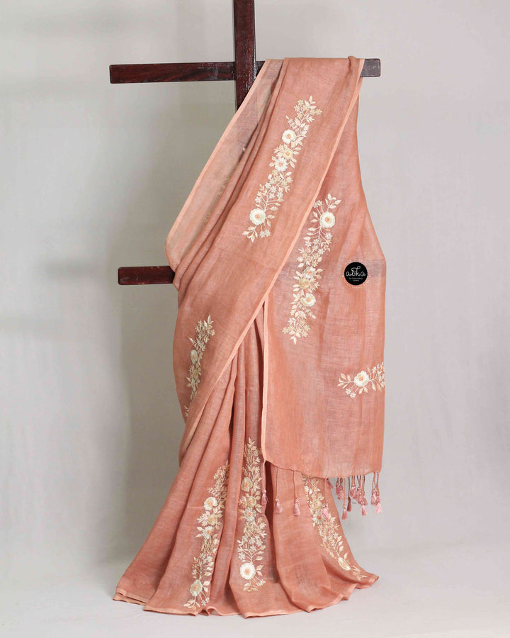 Coral Peach Pure Linen Saree with Floral Embroidery
