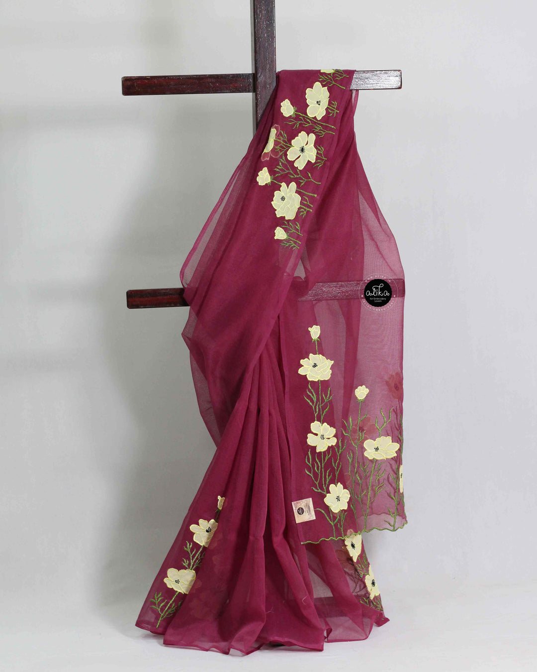 Wine Purple Kota Saree with Floral Appliqué Work